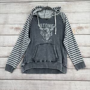 Stone Brewing V-Neck Striped Hoodie Sweatshirt Womens XL Gray Rough Seam